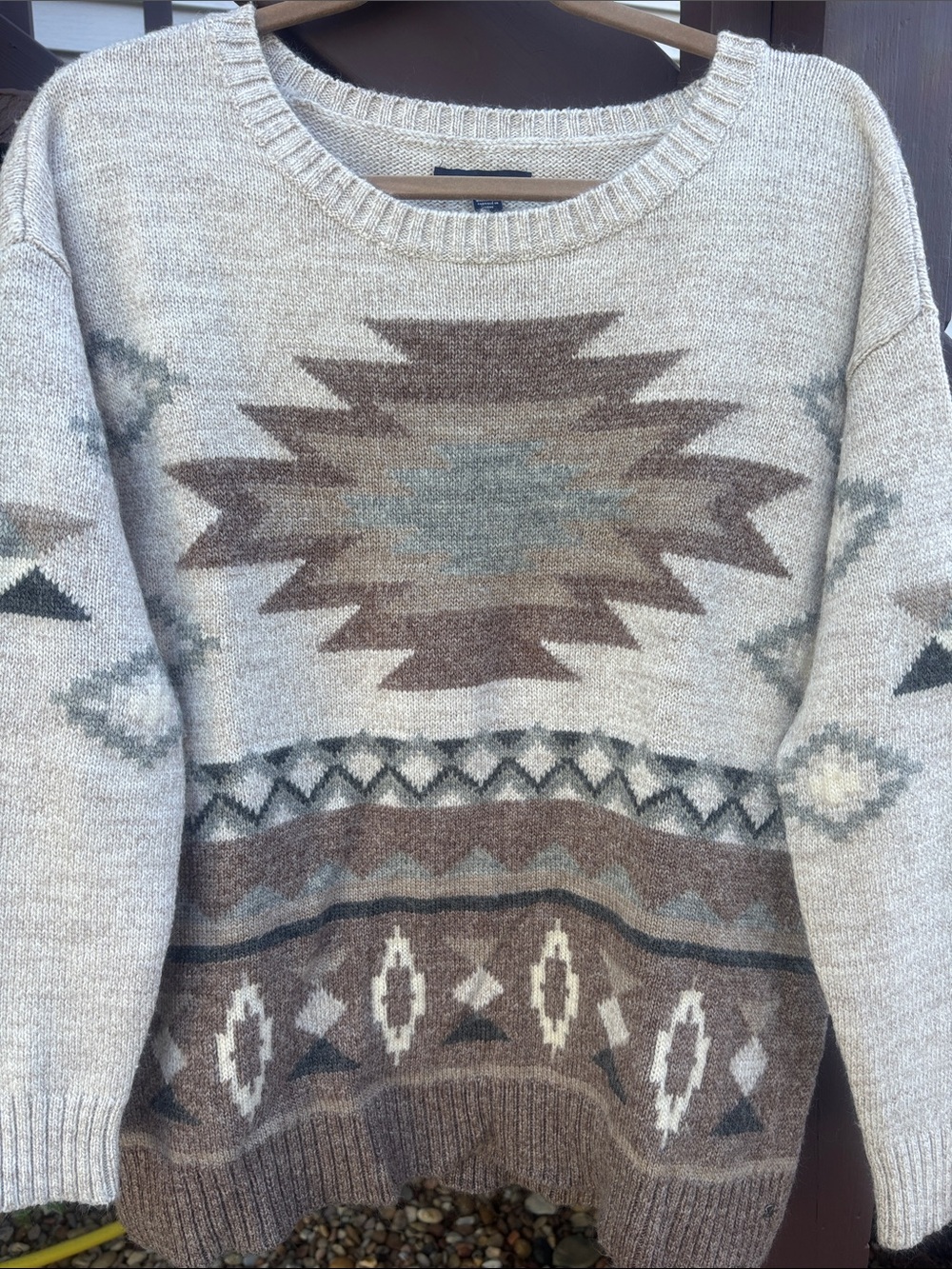 American Eagle Outfitters Aztec-Inspired Crewneck Sweater in Beige and Brown M